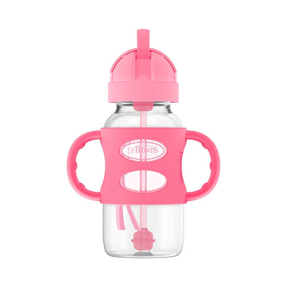 Dr. Brown's Milestones Wide-Neck Sippy Straw Bottle, Spill-Proof with 100% Silicone Handles and Weighted Straw, 9 oz/270 mL, Gray & Pink, 6m+, 2-Pack