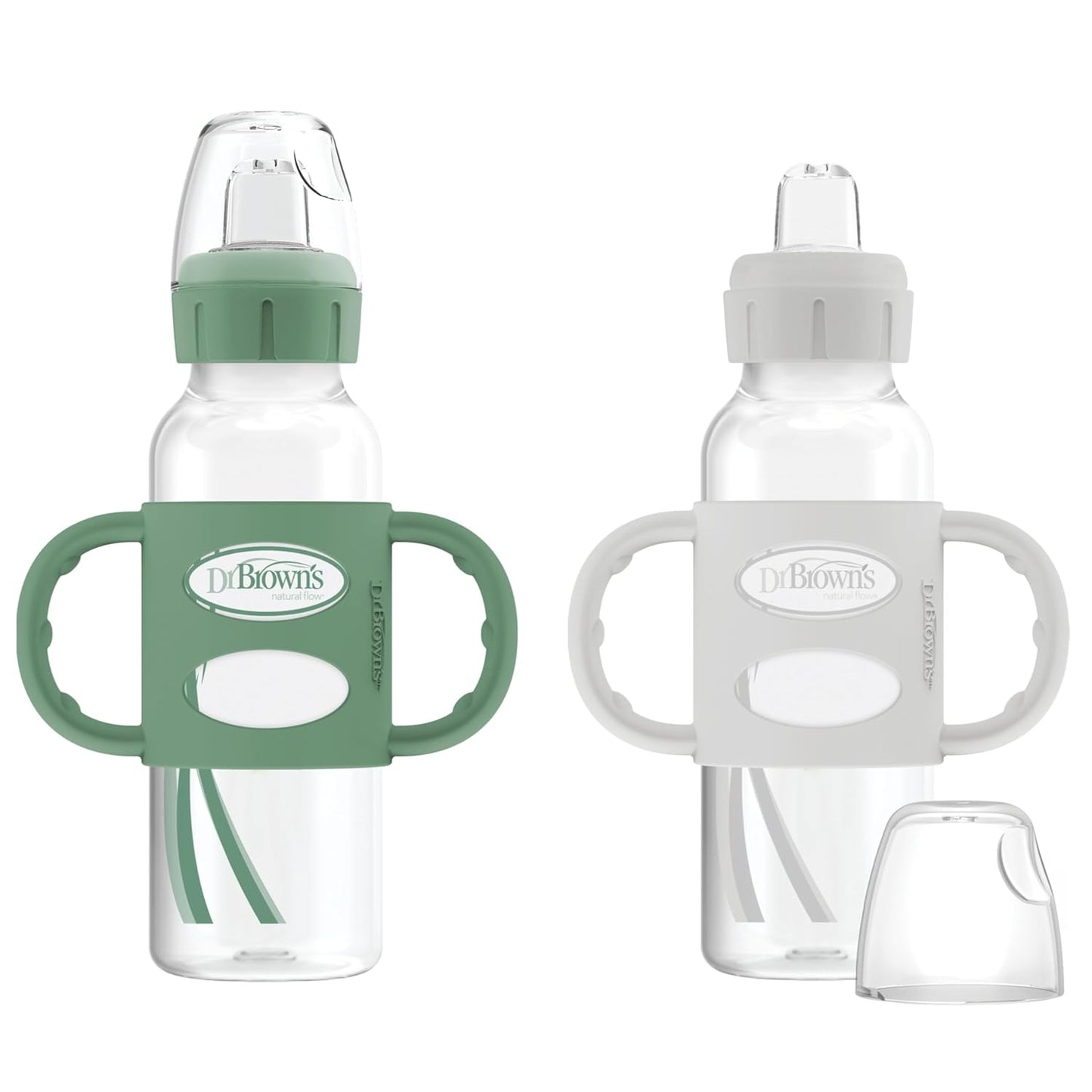 Dr. Brown's Milestones Narrow Sippy Spout Bottle with 100% Silicone, Easy-Grip Handles and Soft Sippy Spout, 8oz/250mL, Light Pink and Ecru, 2-Pack, 6m+