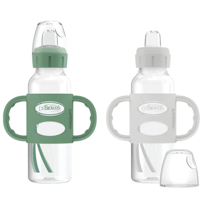 Dr. Brown's Milestones Narrow Sippy Spout Bottle with 100% Silicone, Easy-Grip Handles and Soft Sippy Spout, 8oz/250mL, Light Pink and Ecru, 2-Pack, 6m+