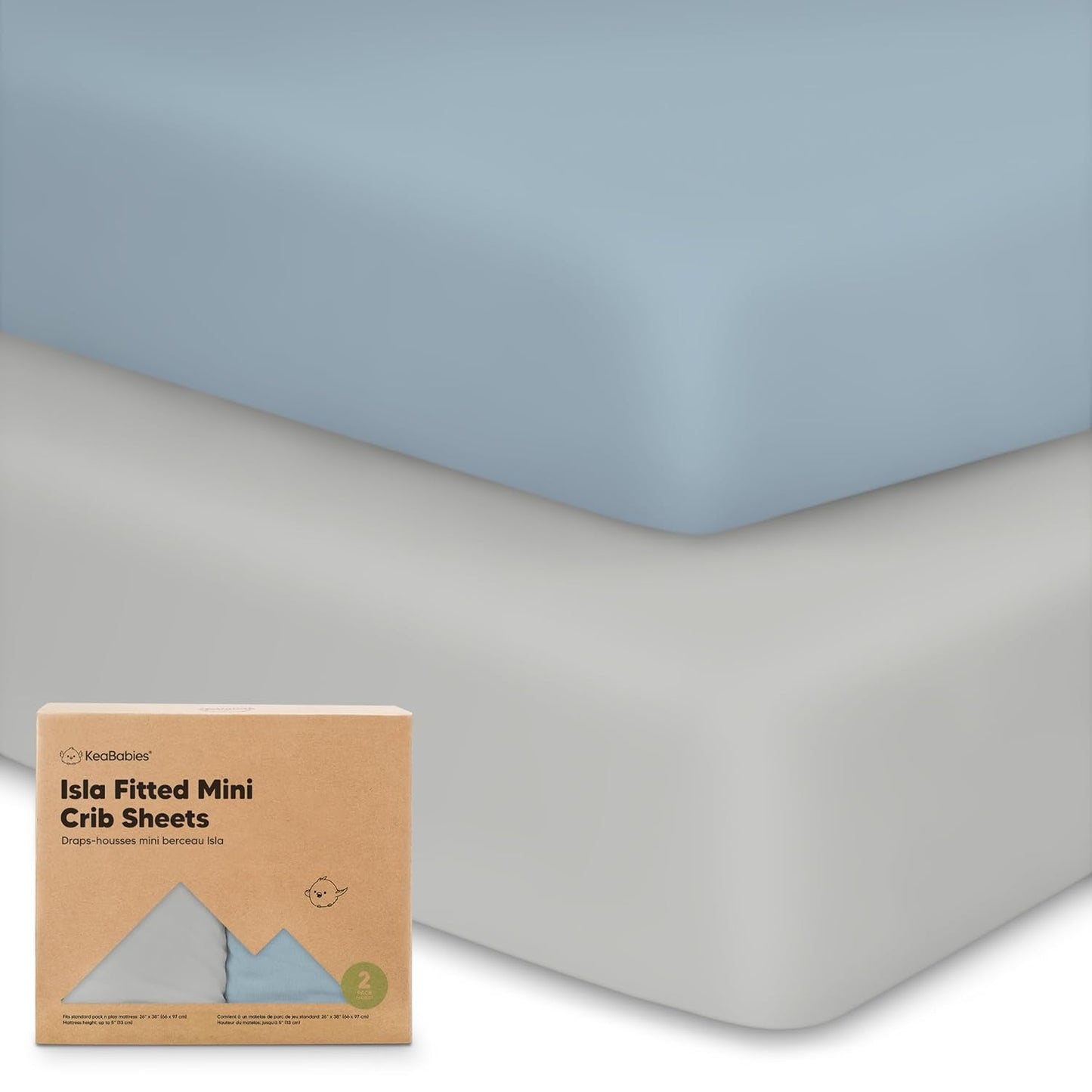 2-Pack Waterproof Pack and Play Sheets, Mini Crib Sheets Fitted for Boy, Girl - 38 x 26 Viscose from Bamboo Pack N Play Mattress Sheets for Graco, Toddler Playard Baby Crib Sheets Neutral (Blue Flax) - Colors B
