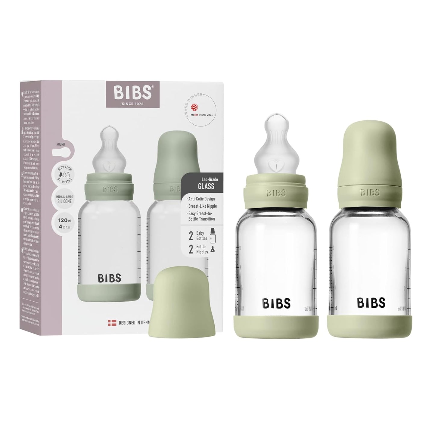 BIBS Glass Baby Bottles 2-Pack, 4 Oz. Anti-Colic System for Gas Reduction. Vented Round Silicone Nipple. Supports Infant and Newborn Breastfeeding - 120 ml (Pack of 2), Sage