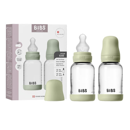 BIBS Glass Baby Bottles 2-Pack, 4 Oz. Anti-Colic System for Gas Reduction. Vented Round Silicone Nipple. Supports Infant and Newborn Breastfeeding - 120 ml (Pack of 2), Sage