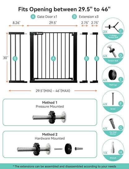 COMOMY 30" Tall Baby Gate for Stairs Doorways, Fits Openings 29.5" to 46" Wide, Auto Close Extra Wide Dog Gate for House, Pressure Mounted Easy Walk Through Pet Gate with Door, Black