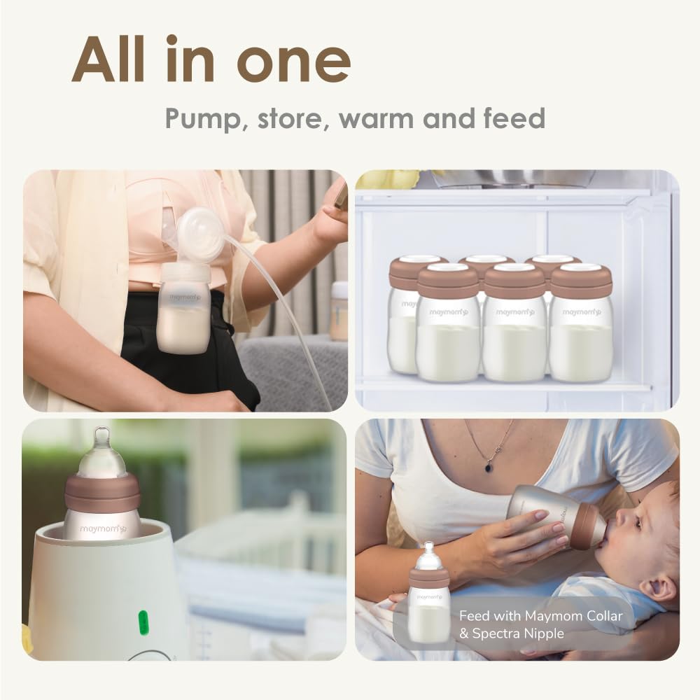 Maymom Wide-Mouth Milk Storage Feeding Collection Bottle with Nipple, Dome Cap, Bottle Top, SureSeal Sealing Disk; Compatible with Spectra Pump/Motif Luna; 5 pc (4.7Oz/140mL)