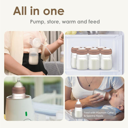 Maymom Wide-Mouth Milk Storage Feeding Collection Bottle with Nipple, Dome Cap, Bottle Top, SureSeal Sealing Disk; Compatible with Spectra Pump/Motif Luna; 5 pc (4.7Oz/140mL)