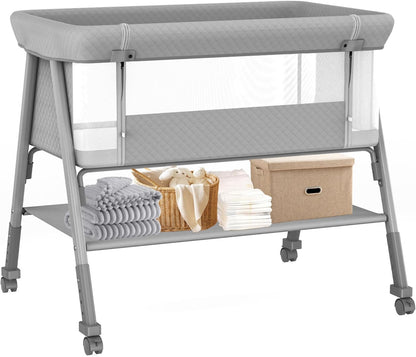 Baby Bassinet, 3-in-1 Baby Bassinets Bedside Sleeper for Newborn with Breathable Mesh, Portable Baby Crib with 4- Adjustable Height, Mattress, Storage Basket & Lockable Wheels, CPSC Beige