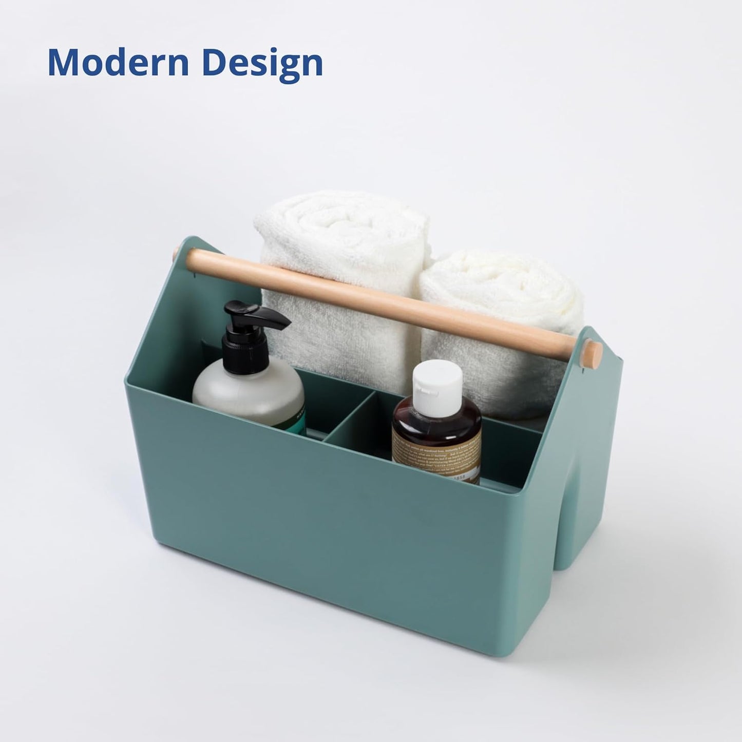 BLUE GINKGO Medium Storage Basket – Plastic Caddy with Wooden Handle for Office, Arts & Crafts, or Home Supplies (White)