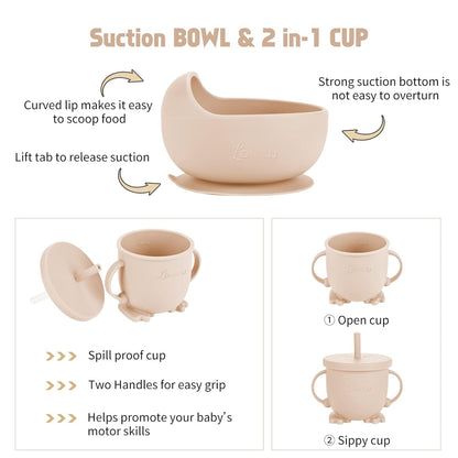 Silicone Feeding Set|Baby Led Weaning Supplies|Suction Plate Bowl Set with Bib, Spoon, Fork, Sippy Cup|Feeding Eating Supplies BPA Free