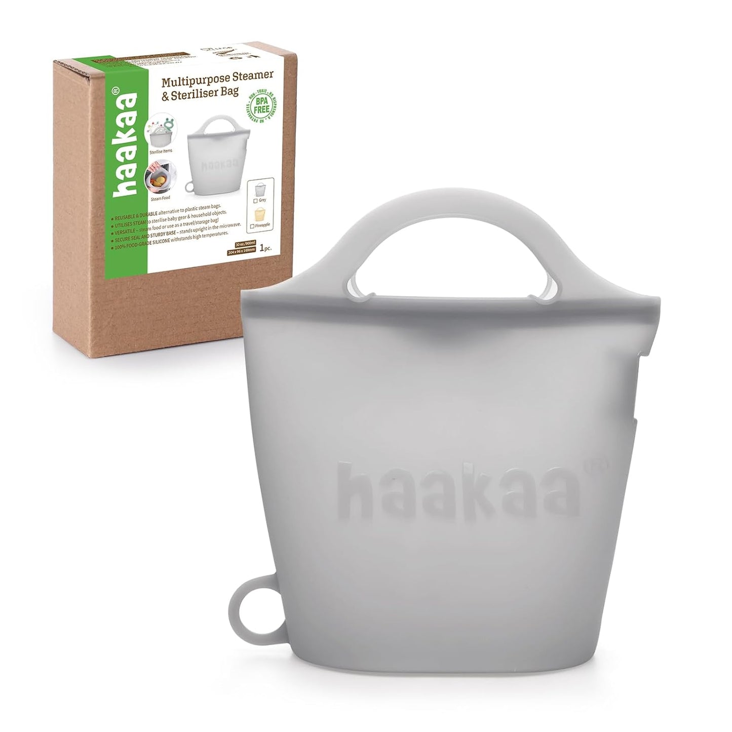 Haakaa On-The-Go Silicone Microwave Steam Sterilizer Bags for Travel, 40oz/1250ml Reusable Silicone Steaming Bags for Baby Bottles, Breast Pump, Accessories, Pacifiers, Teethers,Grey/1PC