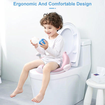 ANGELBLISS Baby Potty Training Toilet Seat with Soft Cushion Handles, Haute Collection, Double Anti-Slip Design and Splash Guard for Boys and Girls (Pink)