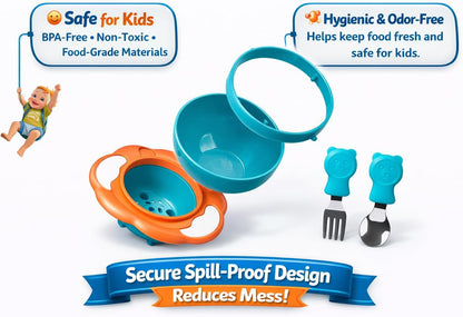 360° Baby Magic Bowl with Spoon Combo, Spill-Proof Gyro Balancing Feeding Bowl for Kids & Toddlers, BPA-Free, Anti-Spill Snack Bowl, Non-Slip, Portable Baby Food Bowl with Lid (Blue)