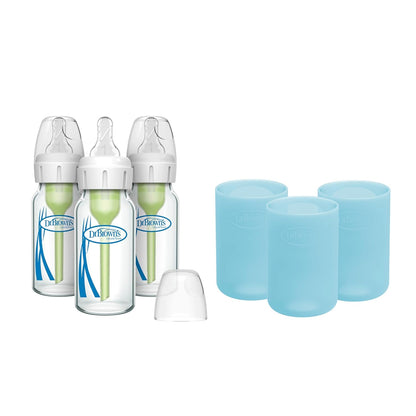 Dr. Brown's Anti-Colic Options+ Narrow Glass Baby Bottles 8 oz/250 mL, with Level 1 Slow Flow Nipple, 3 Pack 0m+ with Mint 100% Silicone Sleeves, BPA-Free