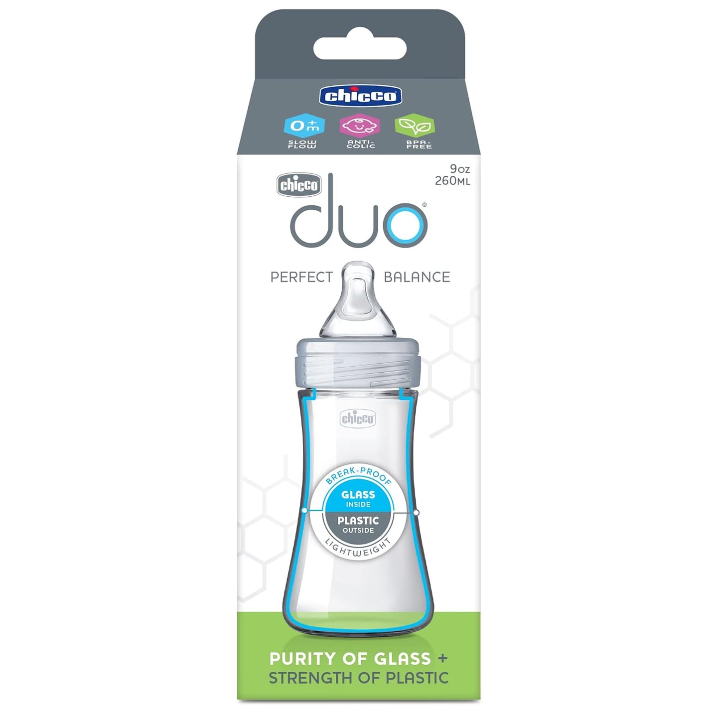 Chicco Duo 9oz Hybrid Baby Bottle, Real Glass Inside, Lightweight Plastic Outside, Patented Invinci-Glass Technology, Intui-Latch Nipple, 2-Pack, Clear/Pink