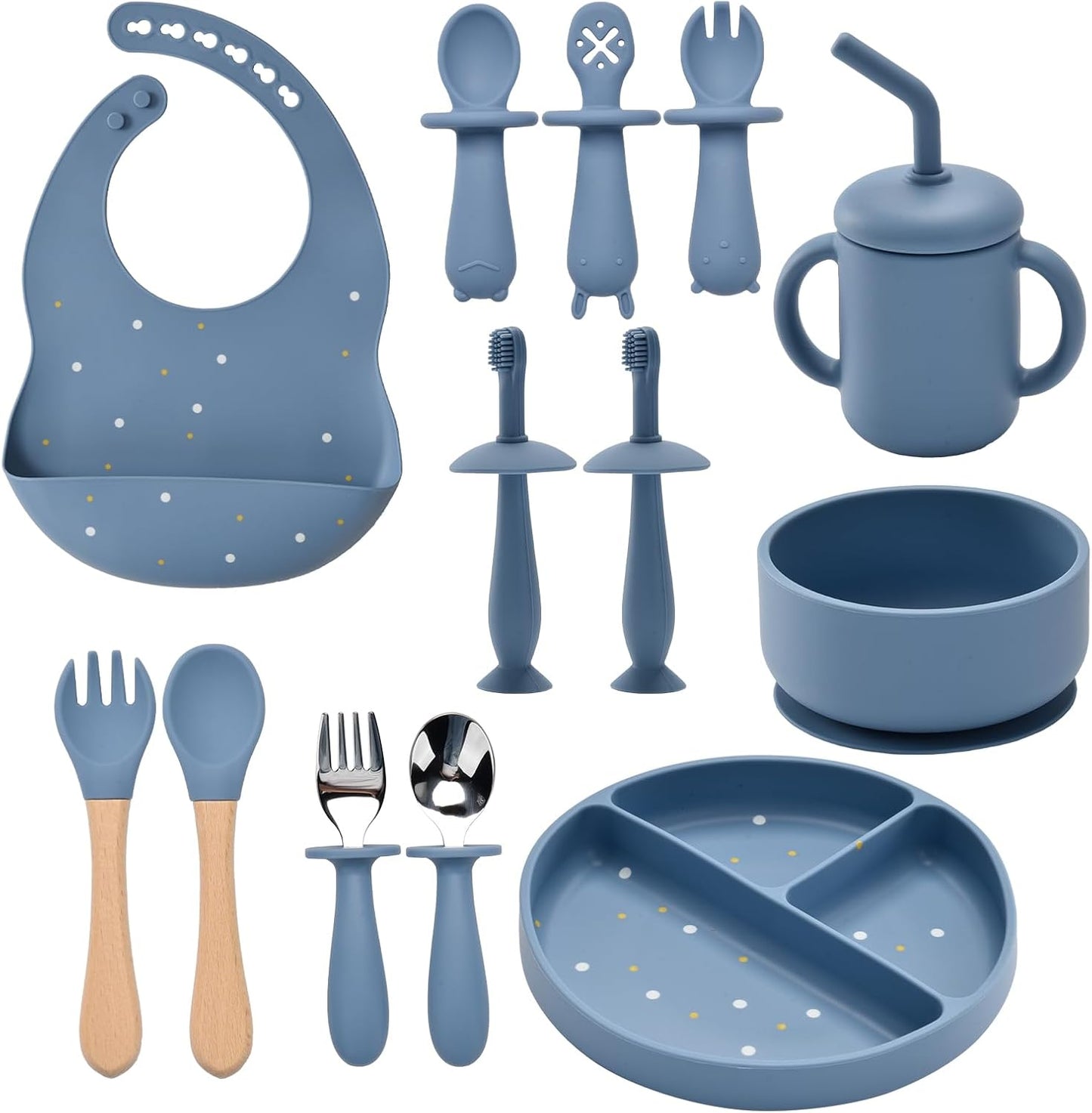 Silicone Feeding Set, 13PCS Baby Feeding Essentials with Suction Bowl & Plate, Spoons & Forks, Bib & Cup, Toothbrush, Baby Led Weaning Supplies for 6+ Months, Eating Essentials (Blue)