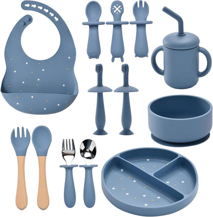 Silicone Feeding Set, 13PCS Baby Feeding Essentials with Suction Bowl & Plate, Spoons & Forks, Bib & Cup, Toothbrush, Baby Led Weaning Supplies for 6+ Months, Eating Essentials (Blue)