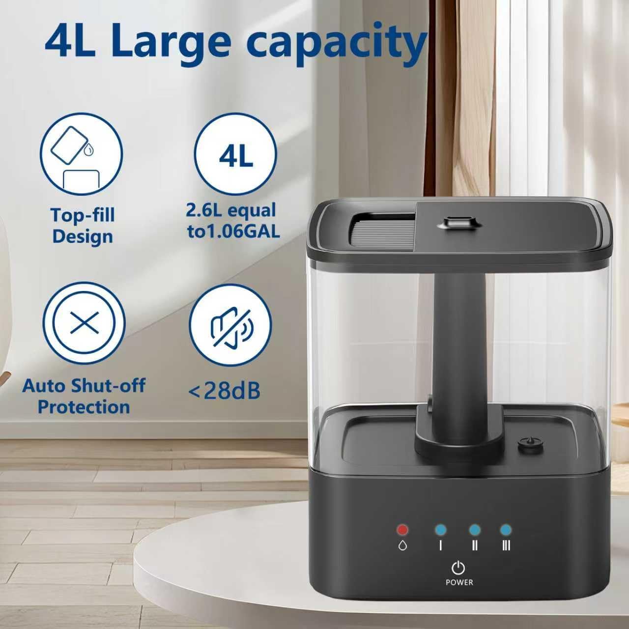 KZF 4L Top Fill Humidifiers for Bedroom & 60H Runtime - Cool Mist Humidifier, 3 Mist Levels, 8H Timer, Essential Oil Tray, Humidity Display, Quiet for Bedroom, Baby, Plants, Large Room (Black, 6L)