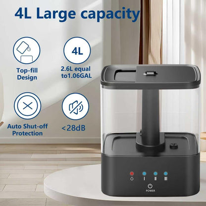 KZF 4L Top Fill Humidifiers for Bedroom & 60H Runtime - Cool Mist Humidifier, 3 Mist Levels, 8H Timer, Essential Oil Tray, Humidity Display, Quiet for Bedroom, Baby, Plants, Large Room (Black, 6L)