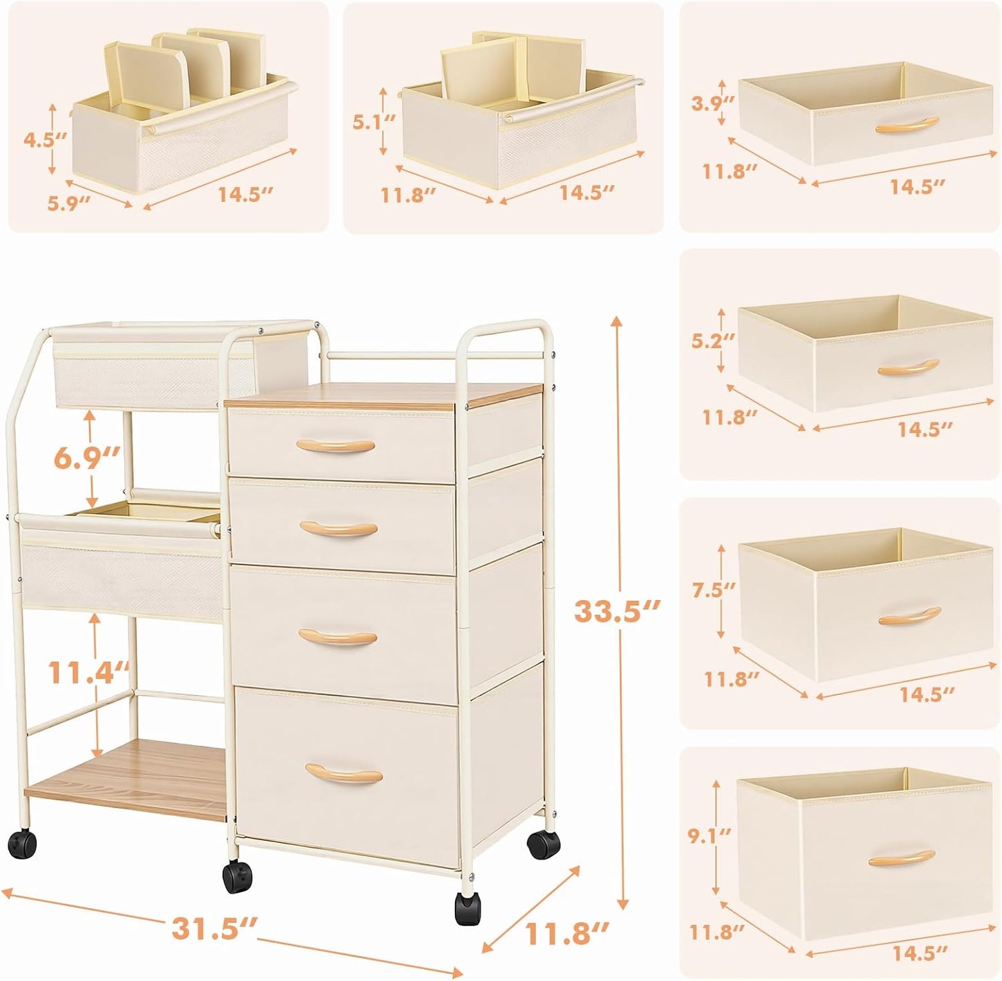 Fabuday Baby Diaper Caddy Organizer Cart - 4 Tier Rolling Diaper Cart with Wheels, Baby Essentials Organizers and Storage, Mobile Utility Carts for Bedside, Crib Nursury, Bedroom, Changing Table
