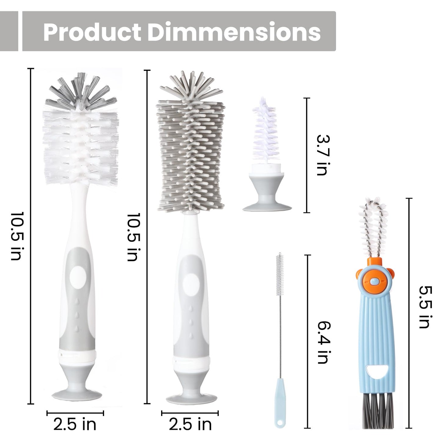 Ariseno 5-in-1 Baby Bottle Brush Set, Including Nylon and Silicone Bottle Brush, Bottle Cap, Straw and Nipple Cleaner, BPA-Free (Blue)
