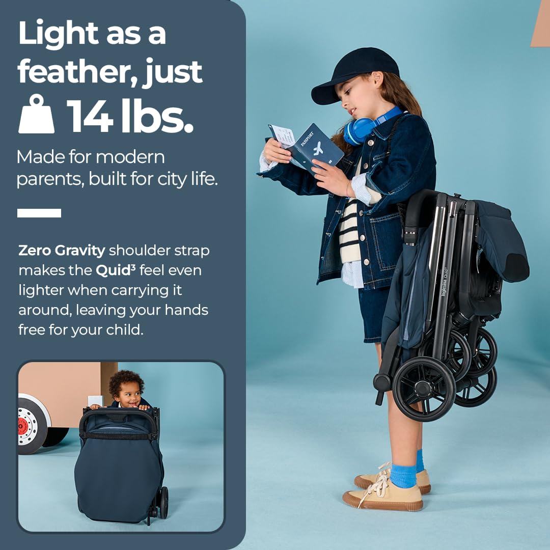 Inglesina Quid³ Lightweight Compact Travel Stroller for Baby & Toddler 0-55 lbs – One-Hand Fold, Reclining Seat, Airline Approved, Car Seat Compatible, UPF 50+ Canopy – Cosmic Black