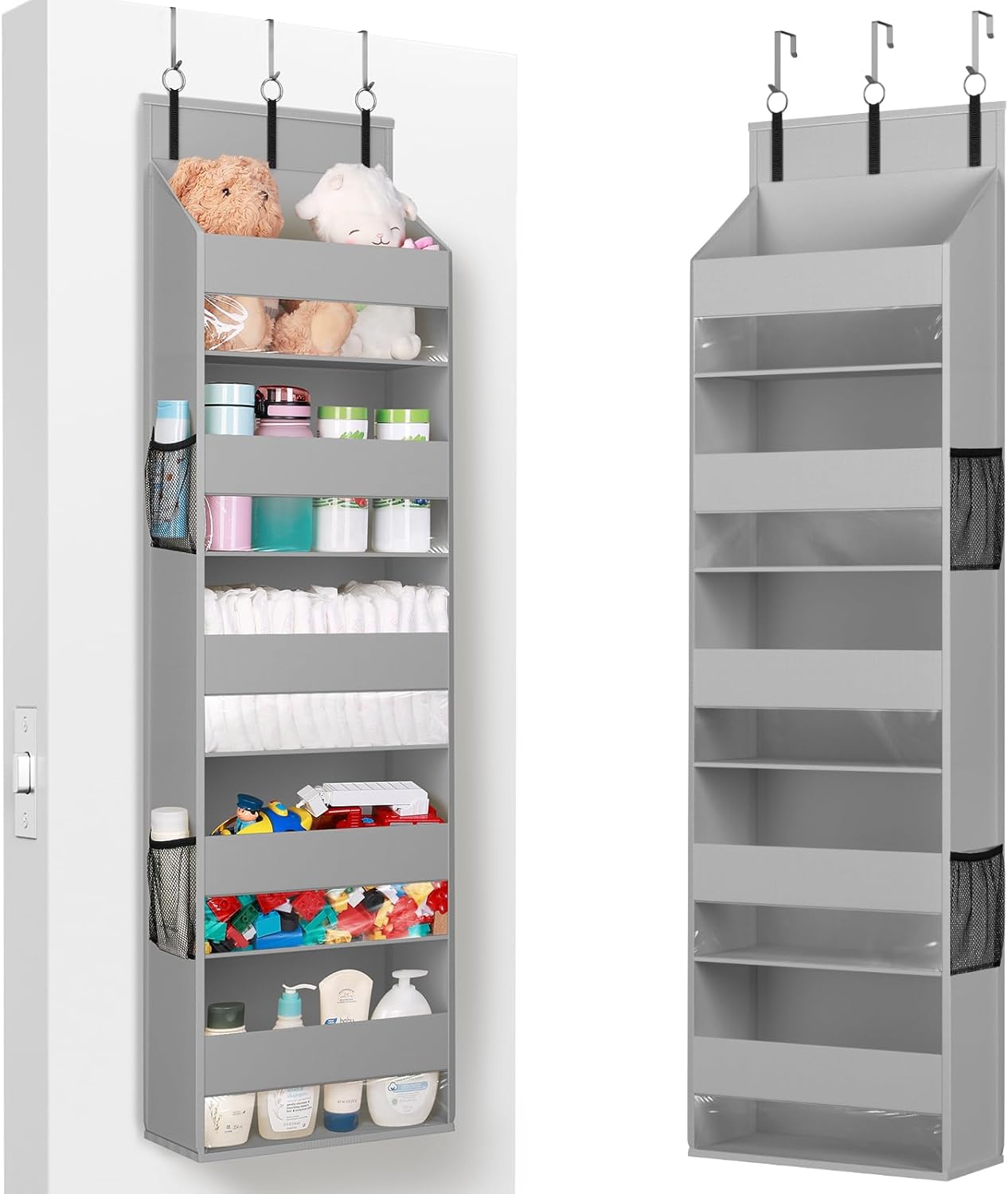 Lifewit 1 Pack Over the Door Organizer, 5 Section Clear Window Hanging Storage with 4 Side Pockets, Sturdy Anti Tilt 40 lbs Load Behind Door for Closet, Bedroom, Bathroom, Nursery, Dorm, Gray