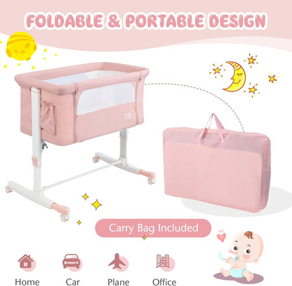 BABY JOY Bassinet Bedside Sleeper, 3 in 1 Folding Crib w/Adjustable Height, Mattress, Lockable Wheels, Storage Pocket & Carry Bag for Infant Newborn, Stationary & Rock, Portable Baby Bassinet (Grey)