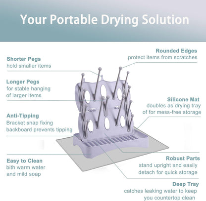 Portable Bottle Drying Rack with Drain Mat, Foldable & Space Saving Drying Rack for Baby Bottles, Pump Parts,Cups,Pacifiers, and Reusable Ziplock Dryer Rack(Grey Drying Rack with Drain Mat)