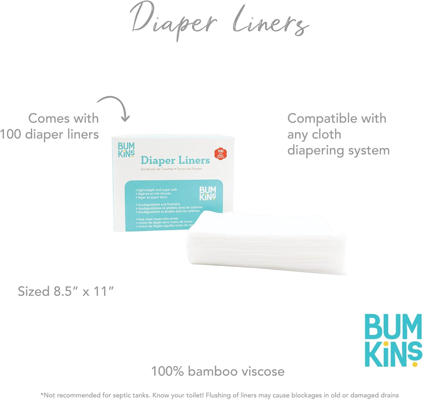 Bumkins Disposable Cloth Fabric Diaper Liner, Biodegradable, Neutral, 100 Count (Pack of 1)