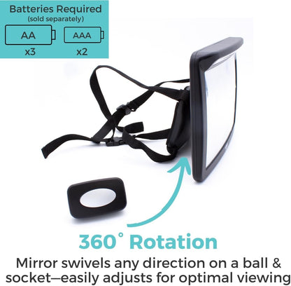 Toddleroo by North States - Deluxe LED Baby Car Mirror with Light: Rear Facing Car Seat Mirror for Baby - Wide View & Shatterproof - Black