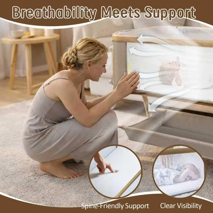 Rocking Baby Bassinet Bedside Sleeper, Detachable Portable Bassinet & Adjustable Crib with 8 Heights, Breathable Mesh, Storage Basket & Mobile Toy for Newborns to Toddlers(Oatmeal)