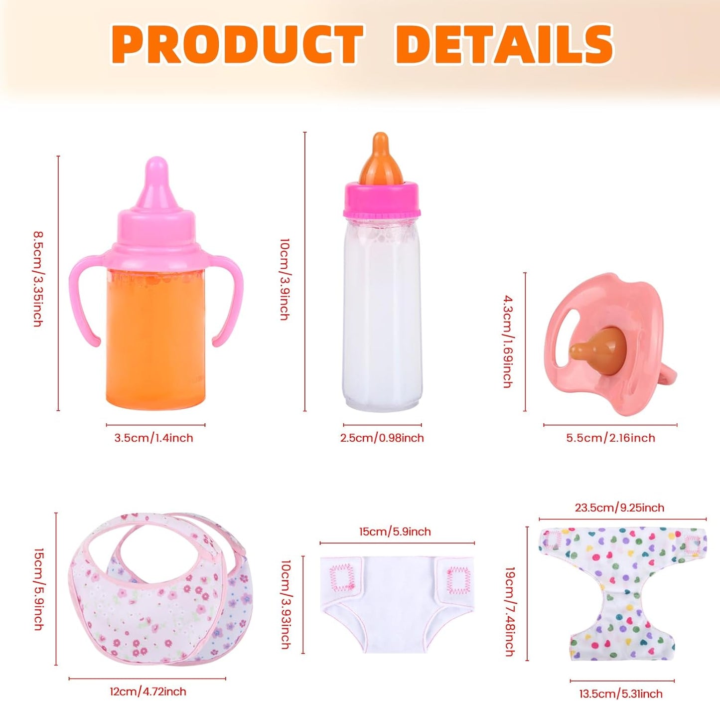 CARANOVO Baby Doll Accessories Set – 7 Pcs Feeding and Caring Set with Magic Disappearing Bottles, Pacifier, Diapers and Bibs Doll Pretend Play Gift for Kids