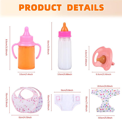 CARANOVO Baby Doll Accessories Set – 7 Pcs Feeding and Caring Set with Magic Disappearing Bottles, Pacifier, Diapers and Bibs Doll Pretend Play Gift for Kids