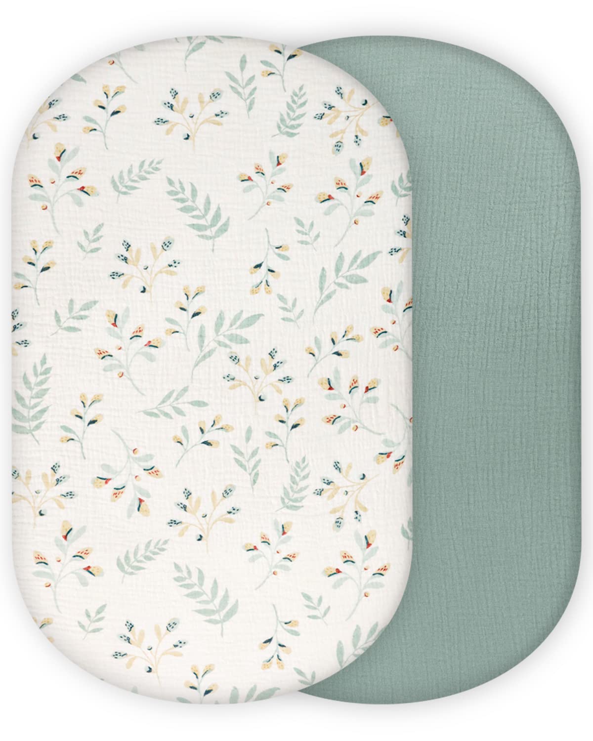 Blissful Diary Muslin Bassinet Sheets for Baby Girls Boys, Boho Soft Cotton Fitted for Oval Hourglass Rectangle Mattress, 2 Pack(Sunshine&Brown)