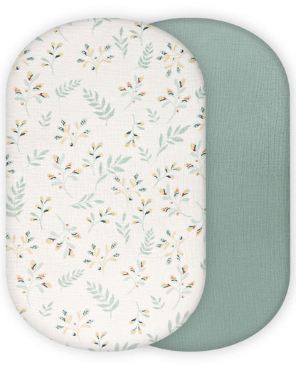 Blissful Diary Muslin Bassinet Sheets for Baby Girls Boys, Boho Soft Cotton Fitted for Oval Hourglass Rectangle Mattress, 2 Pack(Sunshine&Brown)