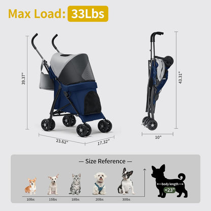 10lbs Ultra-Lightweight Pet Stroller - Compact Folding Umbrella Stroller with Durable Shoulder Strap, 3-Compartment Organizer & Cup Holder - Portable Dog Cat Travel Carriage, Dark Gray
