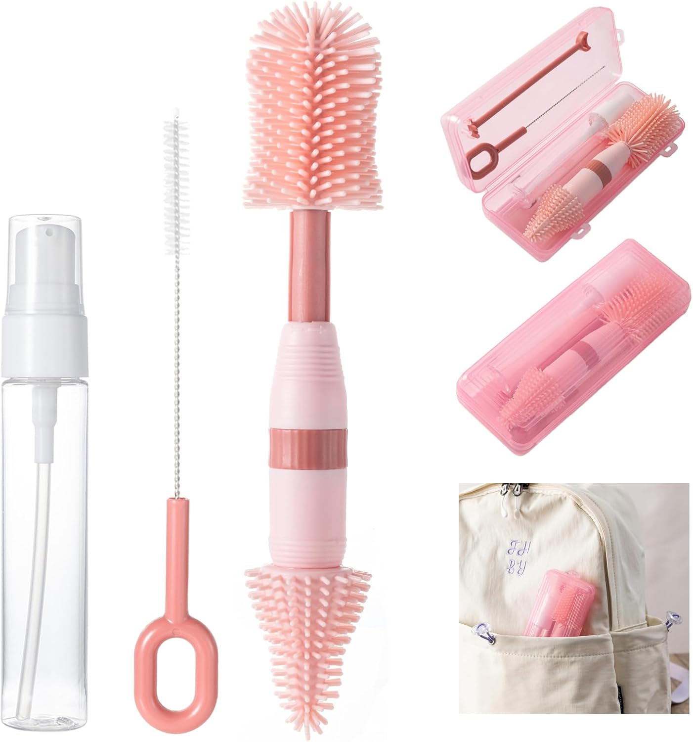 Travel Bottle Brush, 6-in-1 Portable Travel Bottle Cleaner Kit with Small Bottle Brush Built in Drying Rack, Nipple Brush, Straw Brush, Soap Dispenser, for Baby Bottles Under 8 OZ, BPA-Free(Yellow)