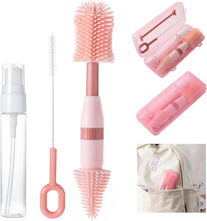 Travel Bottle Brush, 6-in-1 Portable Travel Bottle Cleaner Kit with Small Bottle Brush Built in Drying Rack, Nipple Brush, Straw Brush, Soap Dispenser, for Baby Bottles Under 8 OZ, BPA-Free(Yellow)