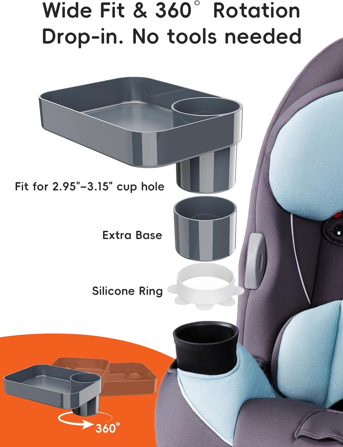Car Seat Cup Holder Snack Tray for Kids, Reduces Mess, Detachable Large Base & Adjustable Ring, Carseat Tray for Toddler, Car Seat Food Tray Table for Kid Travel Road Trip Essentials -Light Gray