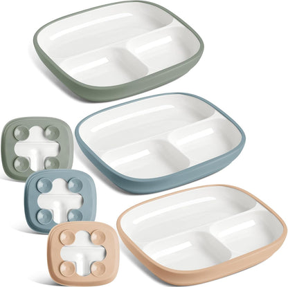 Domensi Kids Porcelain Plates with Silicone Sleeves 8.2 Inch Divided Porcelain Plate Toddler White Suction Dishes for Baby Troubleless Eating Microwave Dishwasher Safe(Stylish,3 Set)