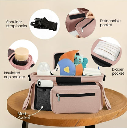 Stroller Organizer with Insulated Cup Holders - Universal Blue Baby Stroller Bag Caddy with Detachable Phone Pocket, Diaper Storage, Adjustable Straps for Uppababy, Doona, Baby Jogger, Britax