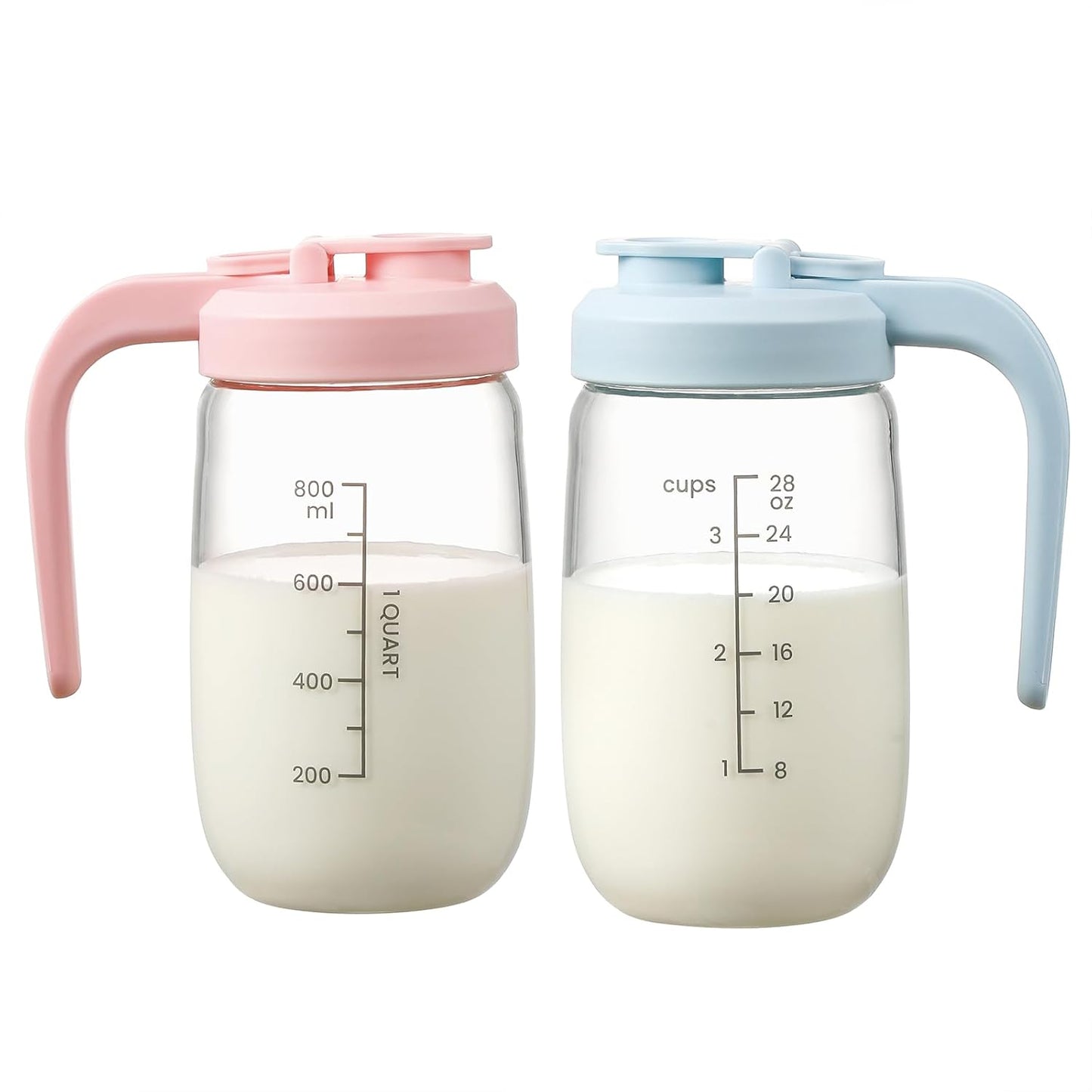 Breast Milk Pitcher 32 OZ, Heat & Cold Resistant, Sudden Temperature Safe, Fast Baby Formula Maker with Wide Mouth, No Leak Borosilicate Glass Fridge Storage Container for Juice, Cold Brew-Pink