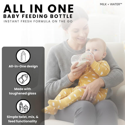MILK & WATER Glass All in One Baby Bottle & Baby Formula Dispenser On The Go (Olive Green, 9oz Medium Flow 3m+)