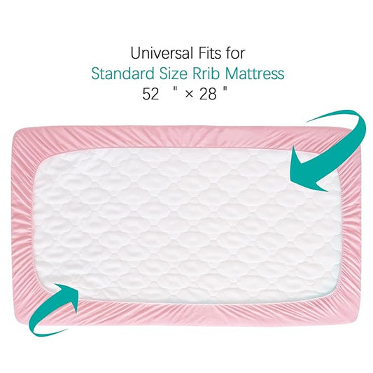 Crib Mattress Protector Sheets Fitted Waterproof Crib Mattress Pad Cover, Noiseless & Machine Wash 100% Absorbent Crib/Toddler Mattress Protector Sheet Quilted, Pink, 52" x 28"