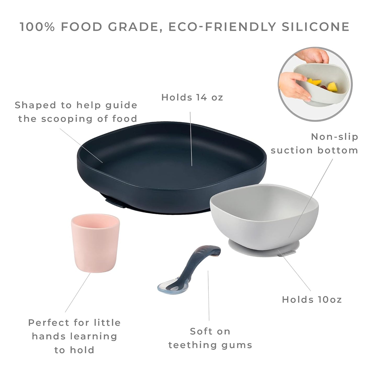 BEABA 100% Silicone 4-Piece Baby Feeding Set, Suction Plates for Baby, Made w/High Grade Food Safe Silicone, Rose