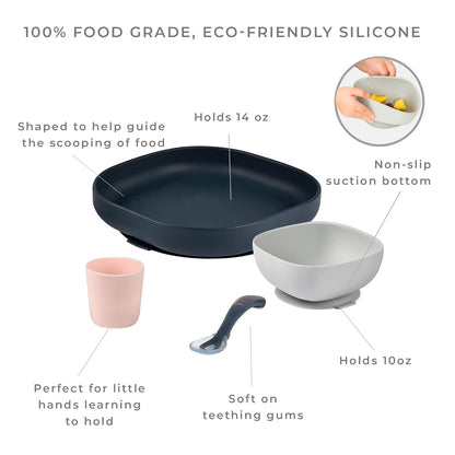BEABA 100% Silicone 4-Piece Baby Feeding Set, Suction Plates for Baby, Made w/High Grade Food Safe Silicone, Rose