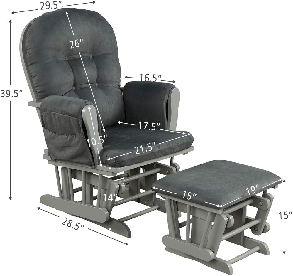 Costzon Nursery Glider with Ottoman, Upholstered Comfort Glider Rocker with Padded Cushion, Storage Pocket, Solid Wood Base, Rocking Chair Nursery for Breastfeeding, Napping (Light Gray)