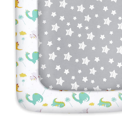 Pack and Play Sheets, 2 Pack Mini Crib Sheets, Stretchy Playard Fitted Sheet, Compatible with Graco Pack n Play, Soft and Breathable Material, Planet & Flower