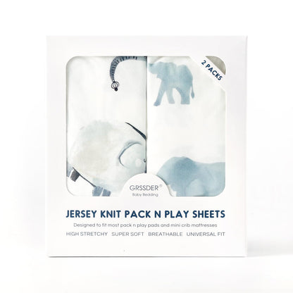 GRSSDER Stretch Ultra Soft Jersey Knit Fitted Pack n Play Playard Sheets Set 2 Pack，Fits Portable/Mini Cribs Sheets, Playards Mattress Pads, Stylish Watercolor Animals for Baby, Mint Green