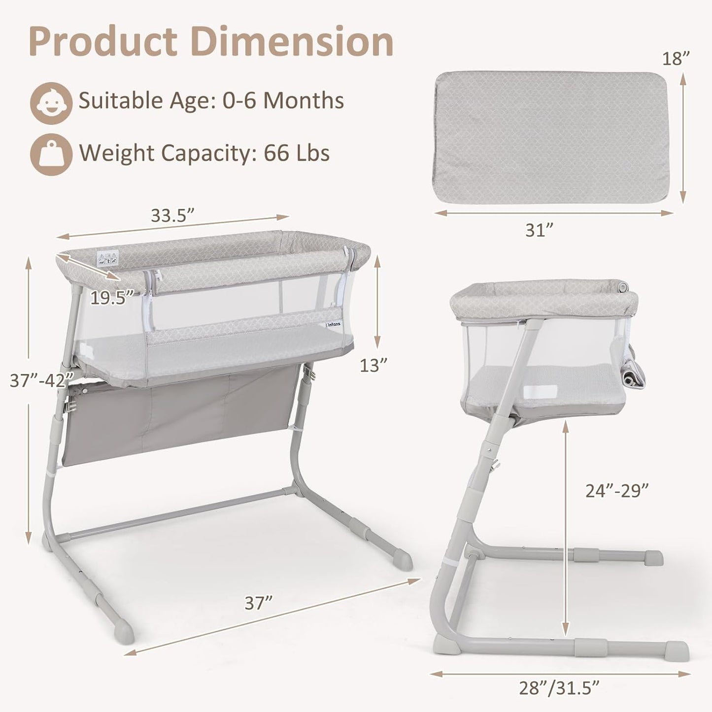 INFANS Over Bed Bassinet for Baby, Bedside Sleeper with Lowering Wall for Easy Access, Safe Close Sleeping, Adjustable Height, Storage, Newborn Infant Girls Boys (White)