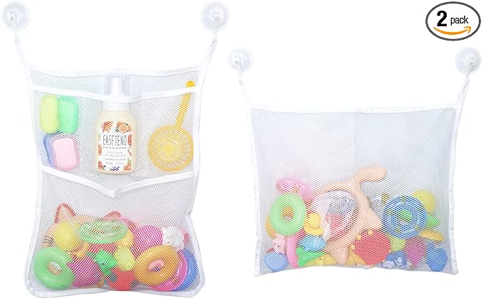 2 PCS Mesh Bathtub Toy Holder Bag, 18 x 14 Inch Bath Toy Organizer, 4 Ultra Strong Hooks, White